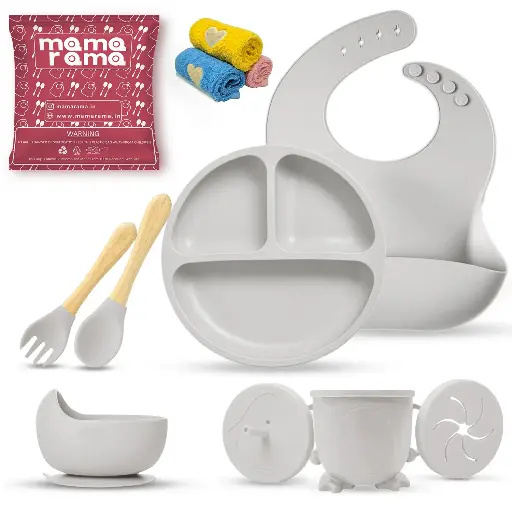 [bds11Grey] Silicon Baby Feeding Set 11 Pcs Grey