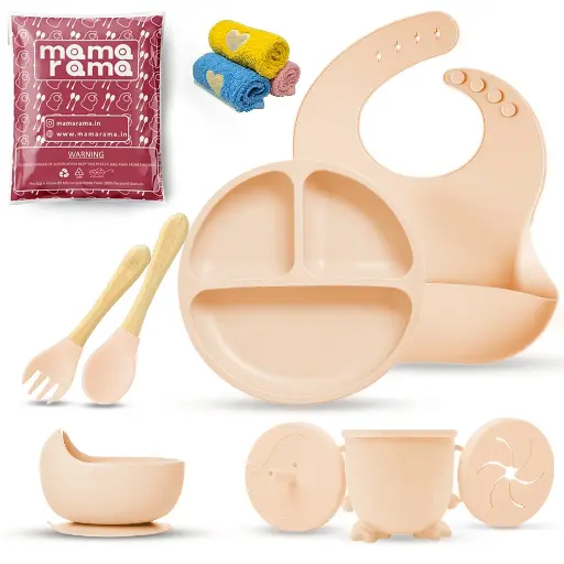 [bds11Beige] Silicon Baby Feeding Set 11 Pcs Beige